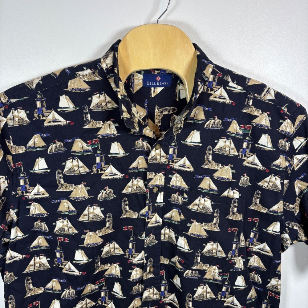 Vintage‎ Bill Blass Mens XXLT Nautical Sailboat Print Cotton Button Down Shirt